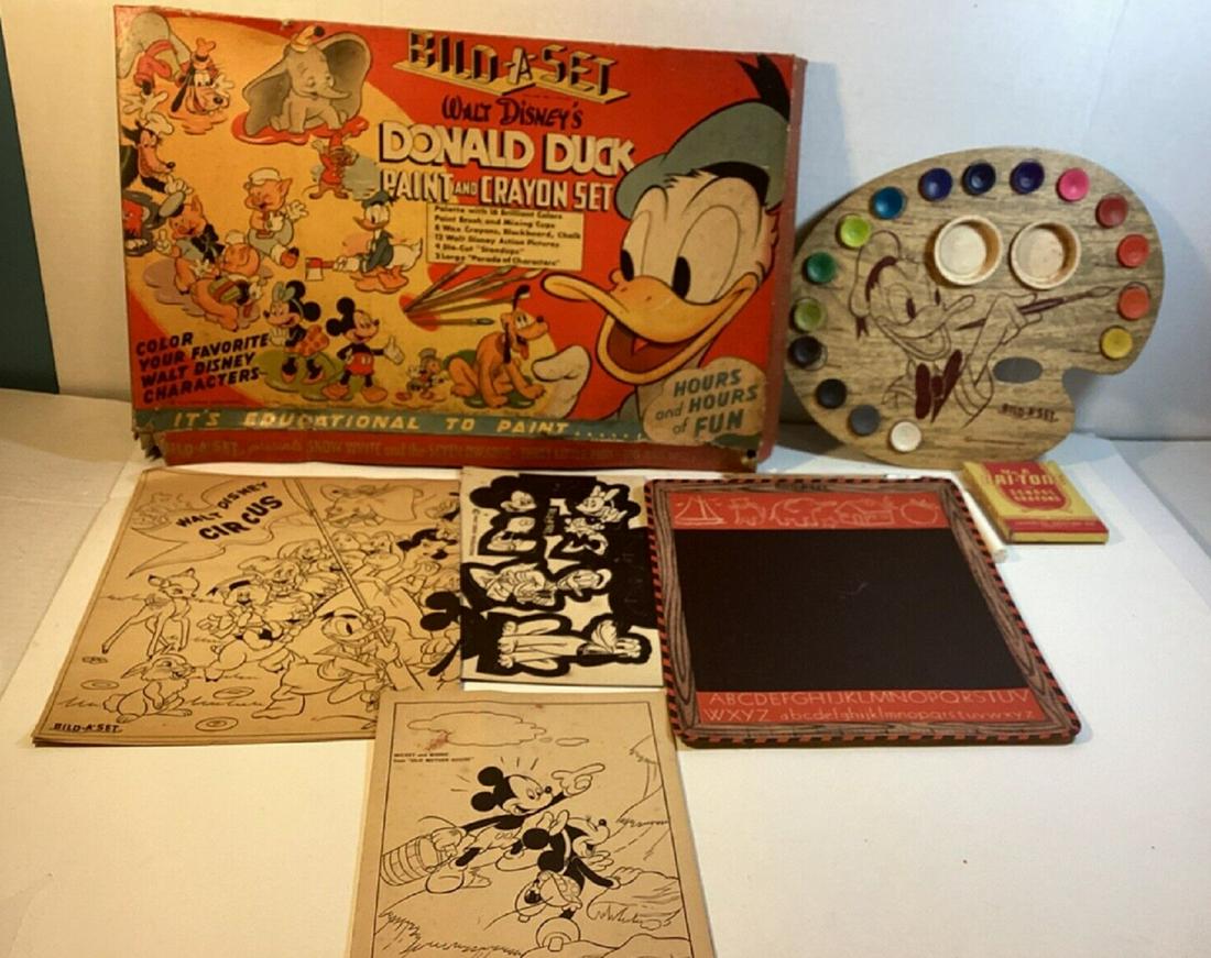 Walt Disney Donald Duck Paint Crayon Set Build-a-Set Paper Box 1930-50 (1 of 6)