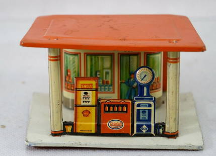 Georg Fischer No. 337 Service Station Tin Toy Made in Germany 1952: Georg Fischer Station service SHELL ESSOLUB 337 made in Western Germany mÃ©tal L x l x h: 10 x 6,5 x 6 cm