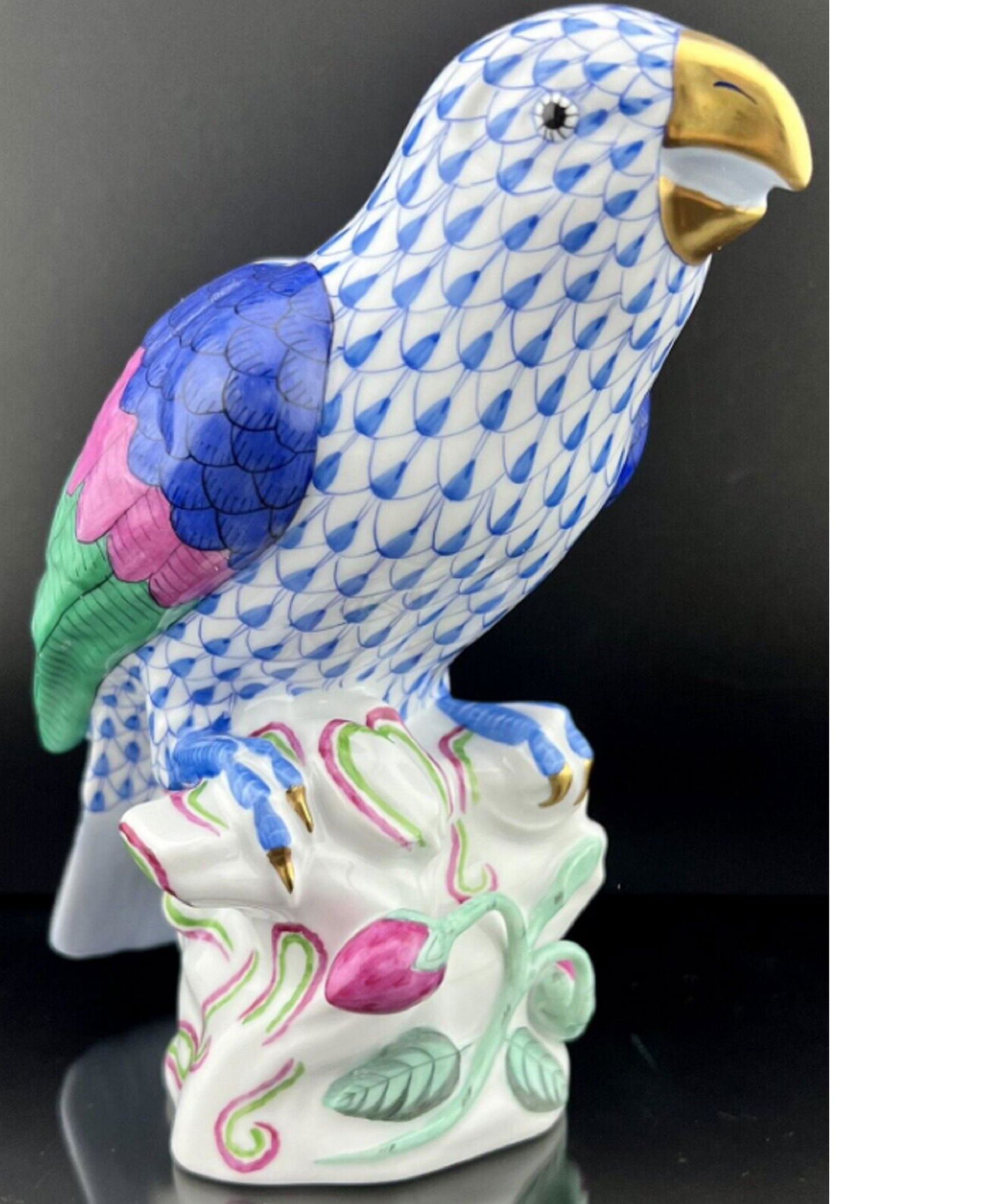 Herend SIGNED Larger 6.9 inches PARROT Bird Blue Fishnet Figurine (1 of 7)