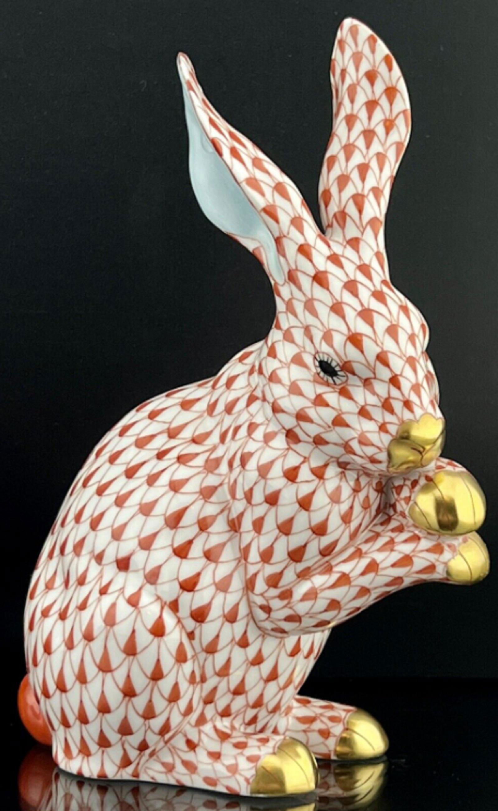 Signed HEREND Larger BUNNY RABBIT Rust Fishnet Figurine (1 of 6)