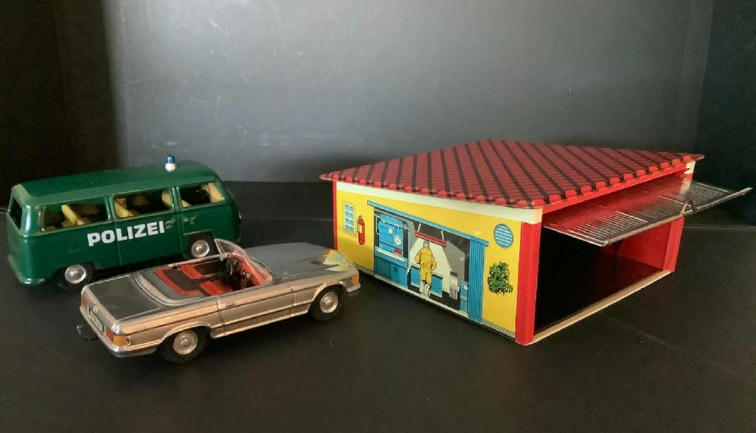 Tin Toy VW & Mercedes Cars with Garage and Caravan: Tin Toy VW + Mercedes Vehicles with Garage and Caravan with box