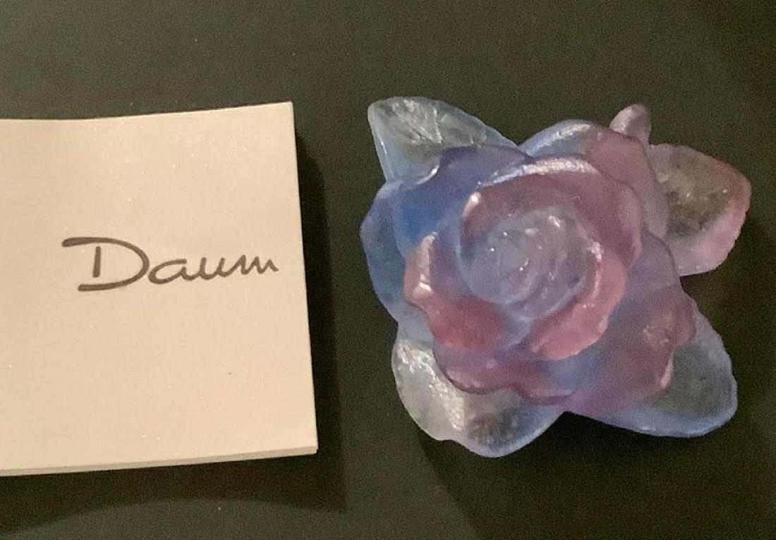 Signed Daum France Mini Violet and Blue Glass Rose + box: Signed Daum France Mini Violet and Blue Glass Rose + box