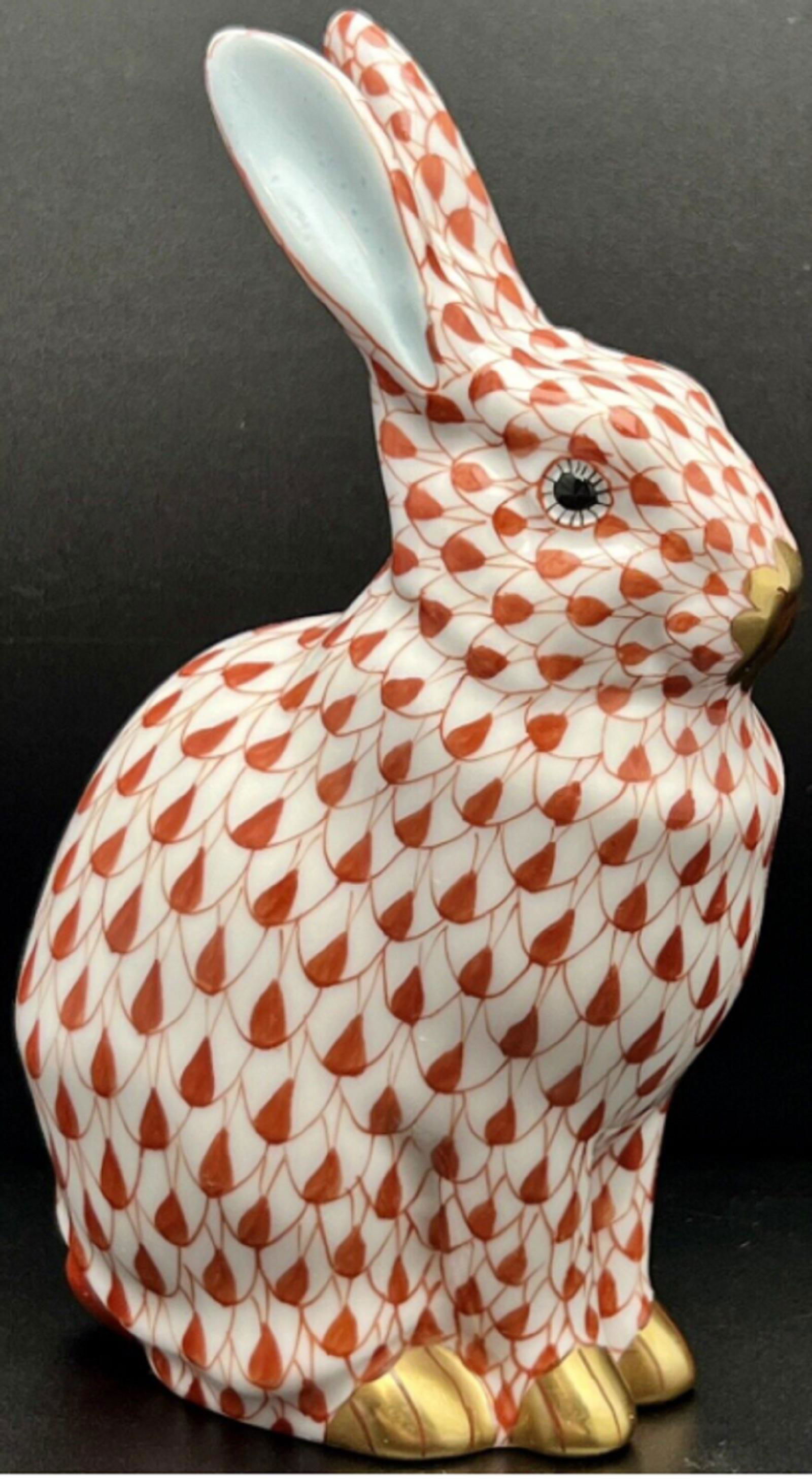 HEREND Signed Bunny Rabbit Rust Fishnet Figurine (1 of 5)