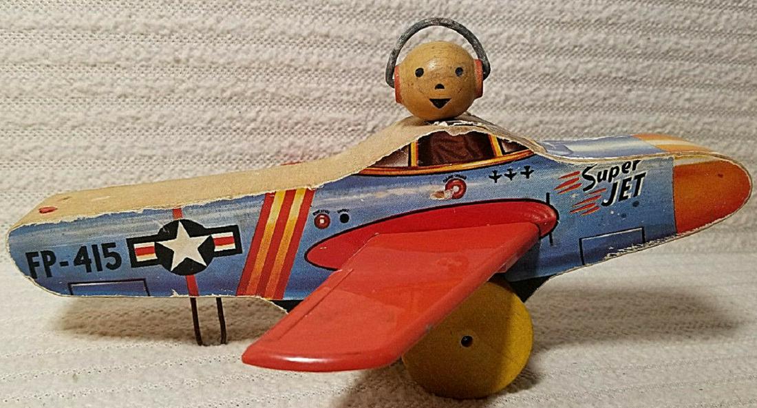 Fisher Price Wooden SUPER JET FP-415 Pull Toy 1950: Vintage Fisher Price Wooden SUPER JET FP-415 Pull Toy