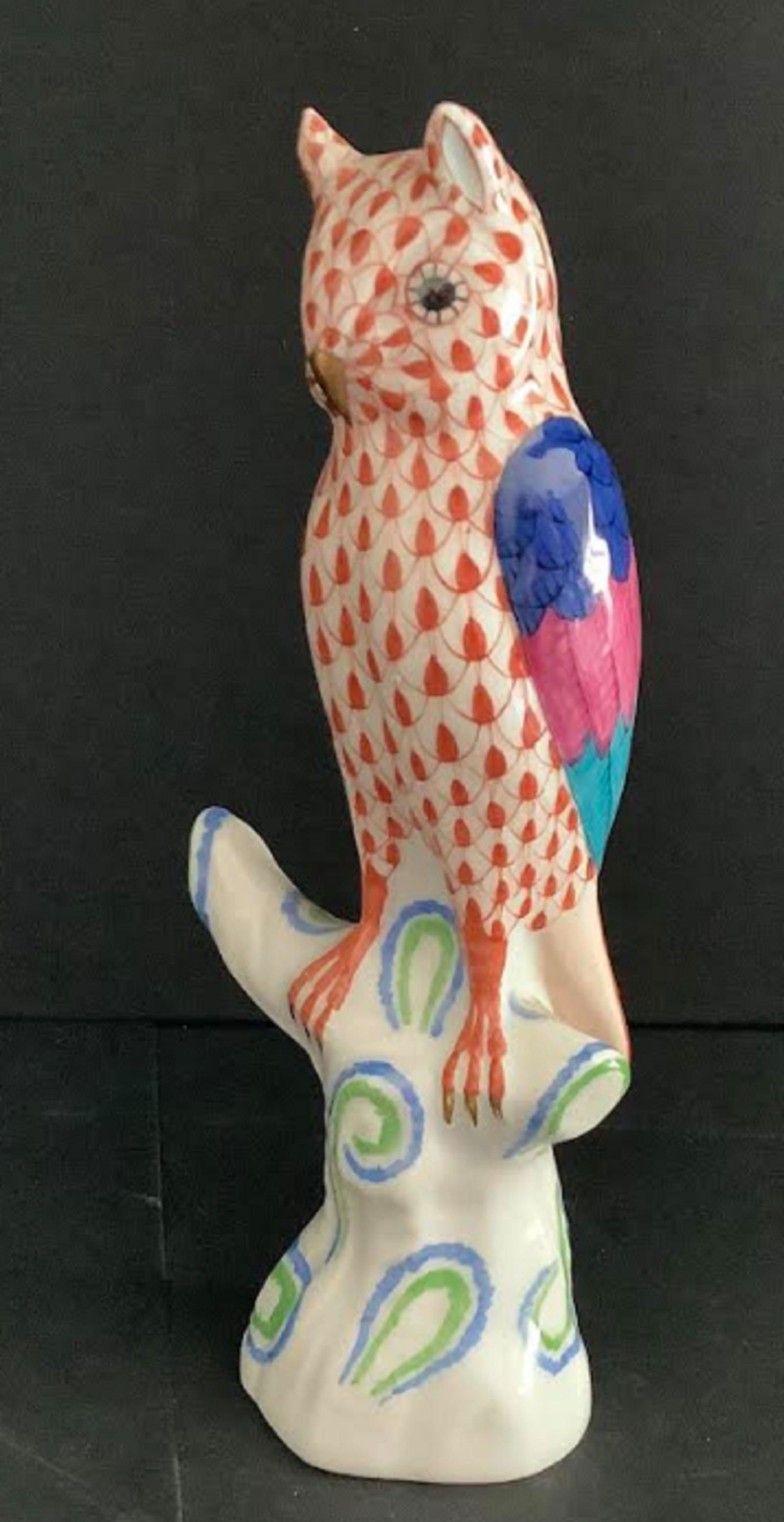 Herend Signed Hand Painted Porcelain Rust Fishnet Owl On Tree with 24k trim (1 of 6)