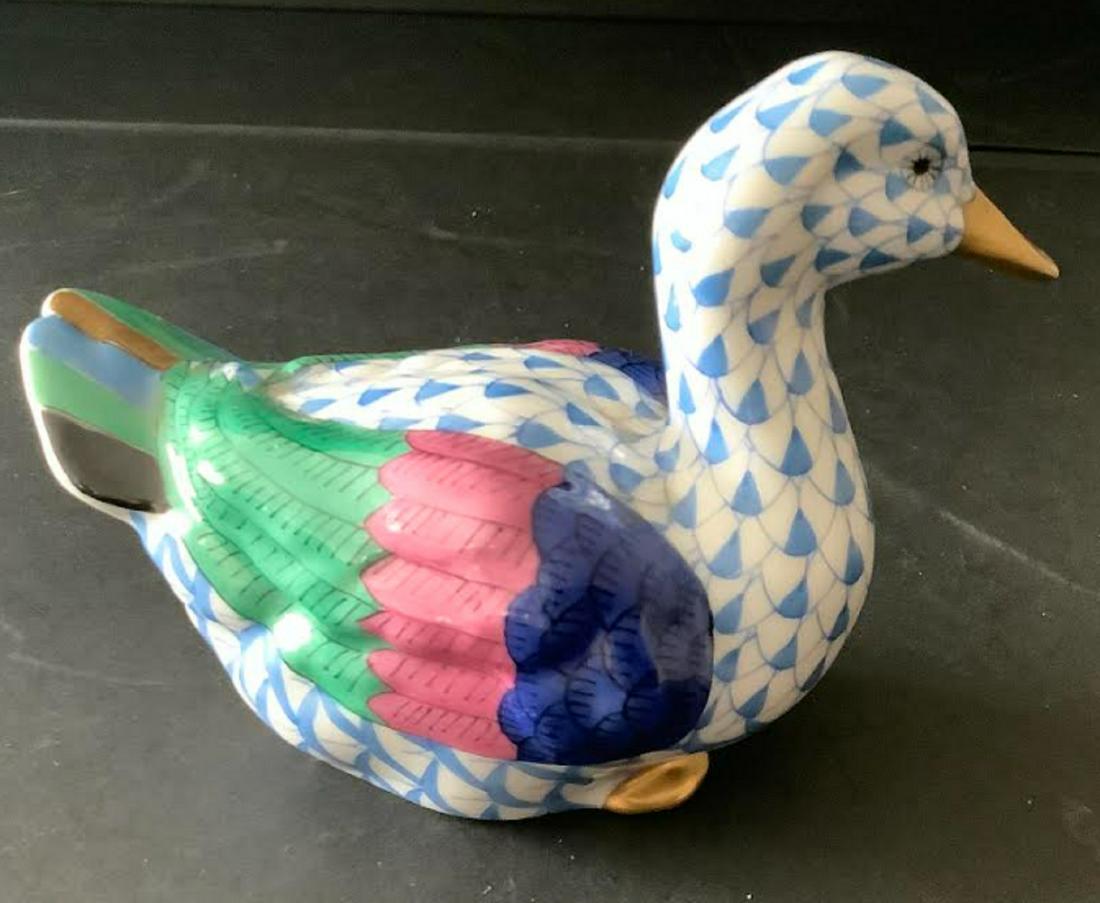 Herend Signed Porcelain Duck Blue Fishnet Figurine (1 of 5)