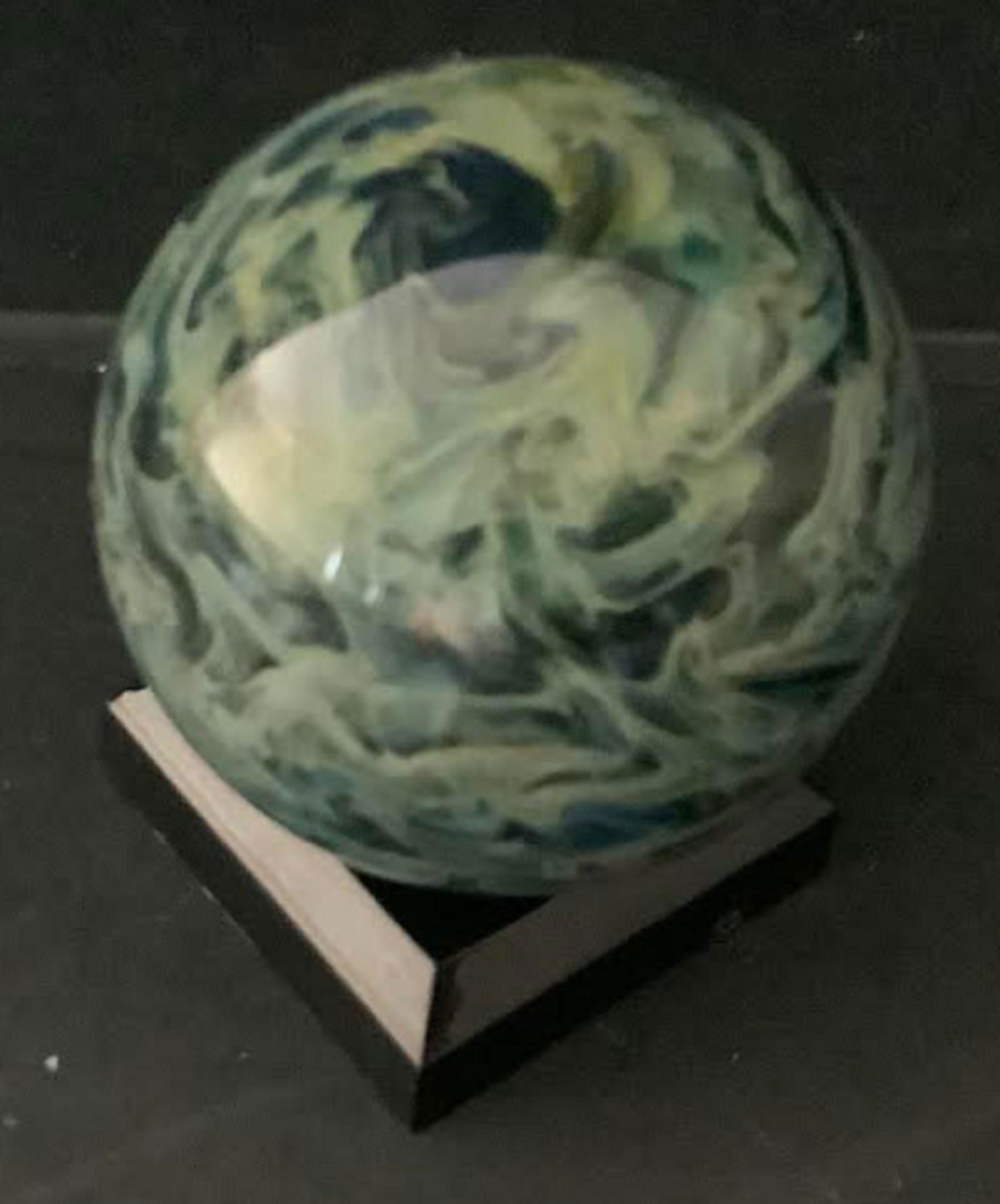 JUBA SIGNED GLASS "PLANET" MARBLE SPHERE WITH STAND Blues, Greens, Sparkling iridescence (1 of 5)