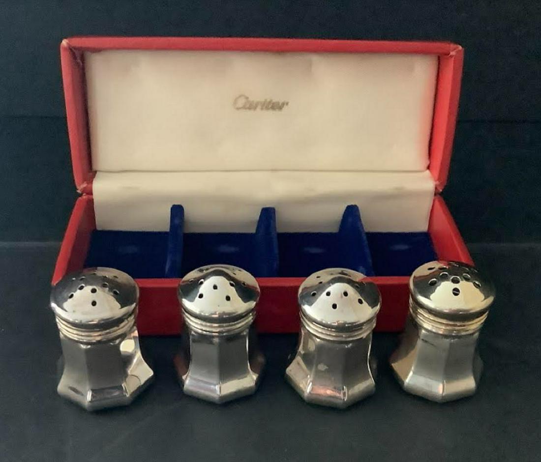 Cartier Signed Sterling salt & pepper shakers with box: Signed Cartier Sterling Silver Individual Salt & Pepper Shakers Set of 4 in original red case. Measures approx 1 1/2” tall