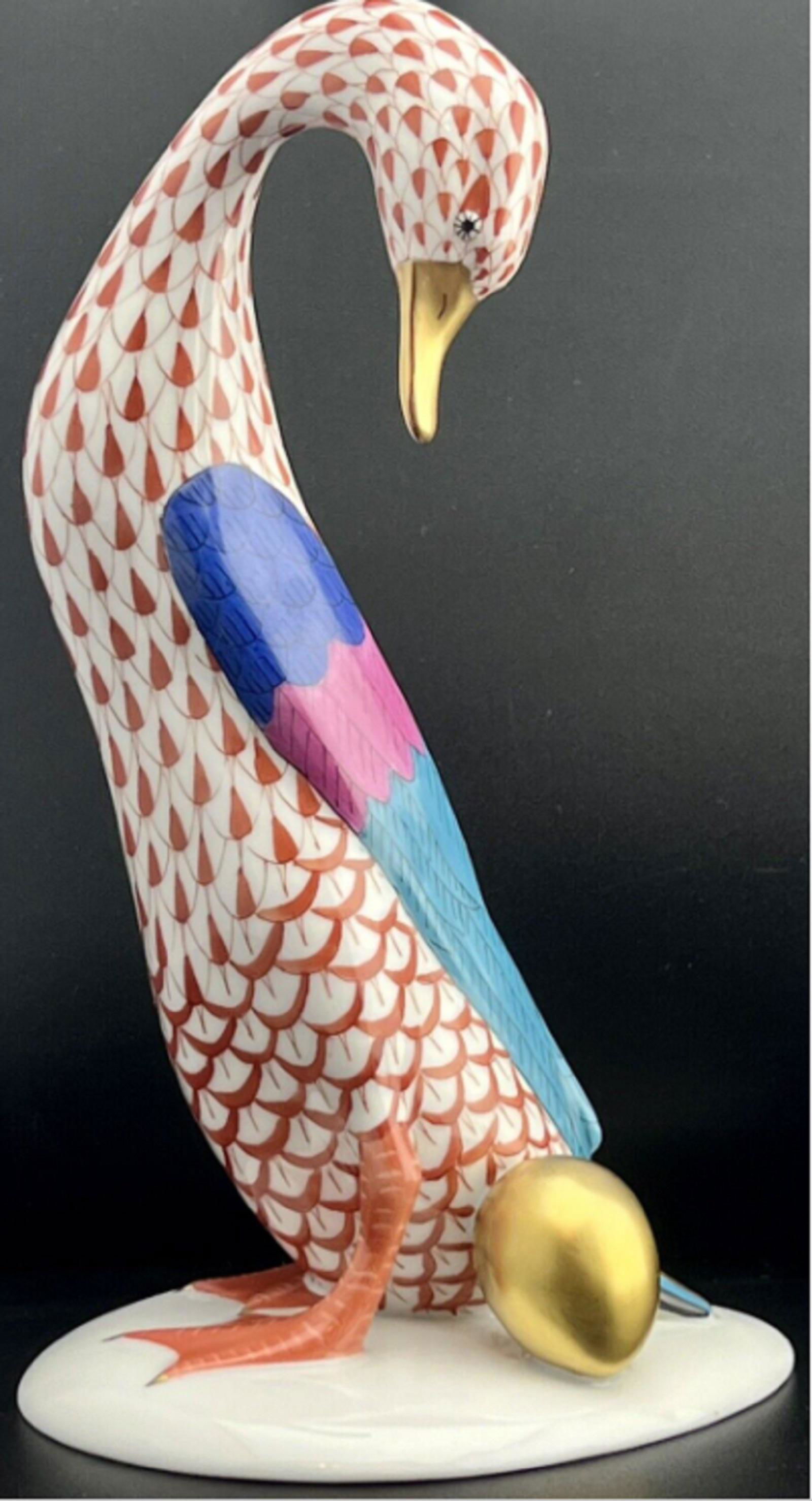 SIGNED HEREND Larger GOOSE Bird W/ Golden Egg Rust Fishnet Figurine (1 of 5)