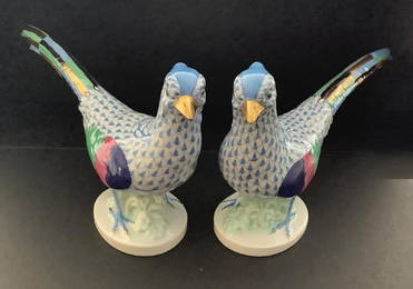 SIGNED HEREND EXTRA LARGE BLUE PAIR PHEASANT FISHNET FIGURINE 12 inches