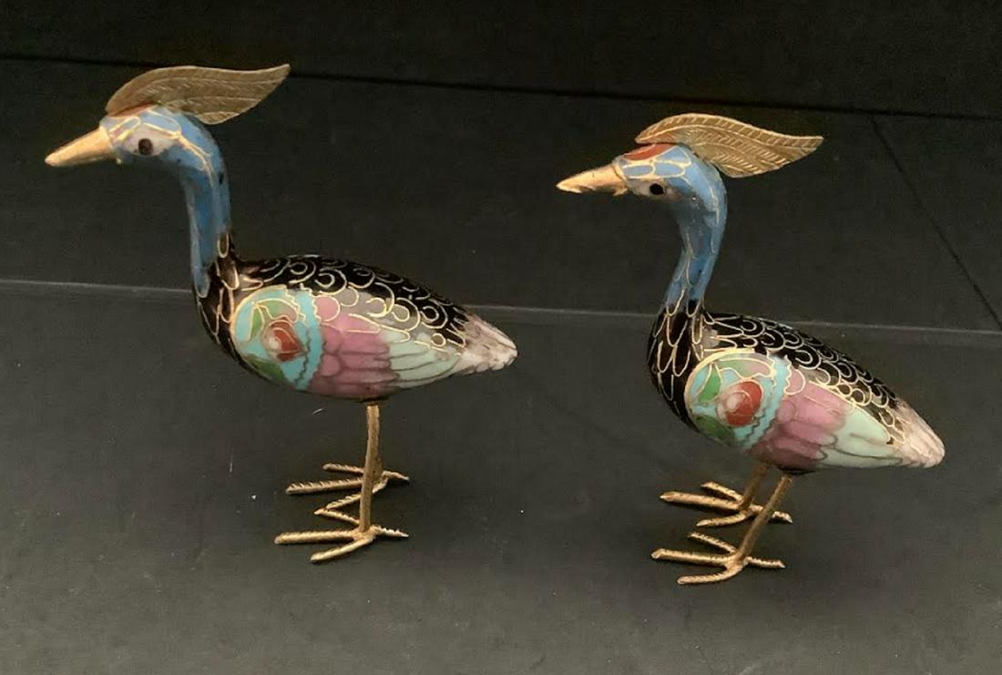China Cloisonne Enamel Bronze Gilt Fengshui Animal Crane Bird Pair: China Cloisonne Enamel Bronze Gilt Fengshui Animal Crane Bird Made in China, circa 1900