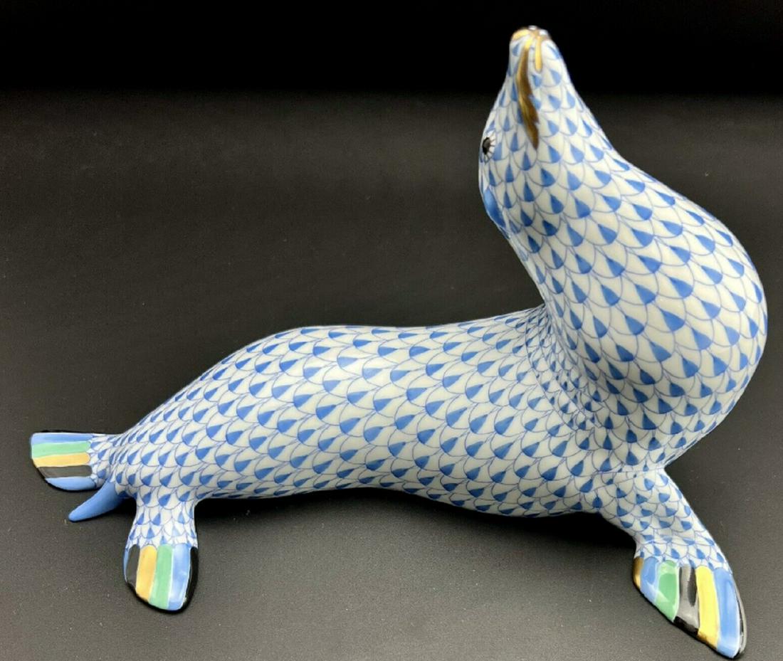 HEREND PORCELAIN SIGNED XL  HEREND Sea Lion / Seal Blue Fishnet Figurine (1 of 5)