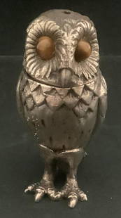 Richard Comyns English Sterling Silver Owl Shaped Pepper Shaker with Tiger Eyes: Richard Comyns English Sterling Owl Shaped Pepper Shaker with Tiger Eyes with makers mark. measures approx 2 3/8" Height (6.1 cm) 1" Width (2.5 cm) 1 1/2" Depth