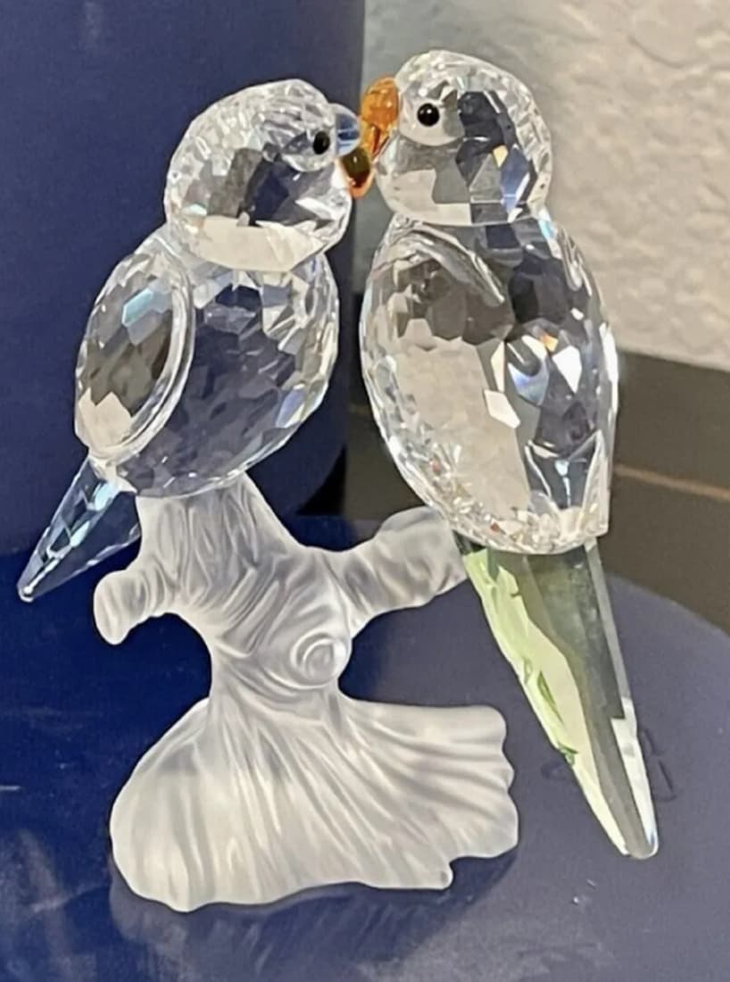 Swarovski Crystal 'Budgies' Love Birds Figurine #680627 w/COA, Box & Mirror (1 of 5)