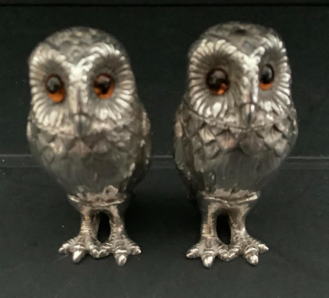 sterling silver owl cruet set Richard Comyns, London 1967: sterling silver owl cruet set Richard Comyns, London 1967