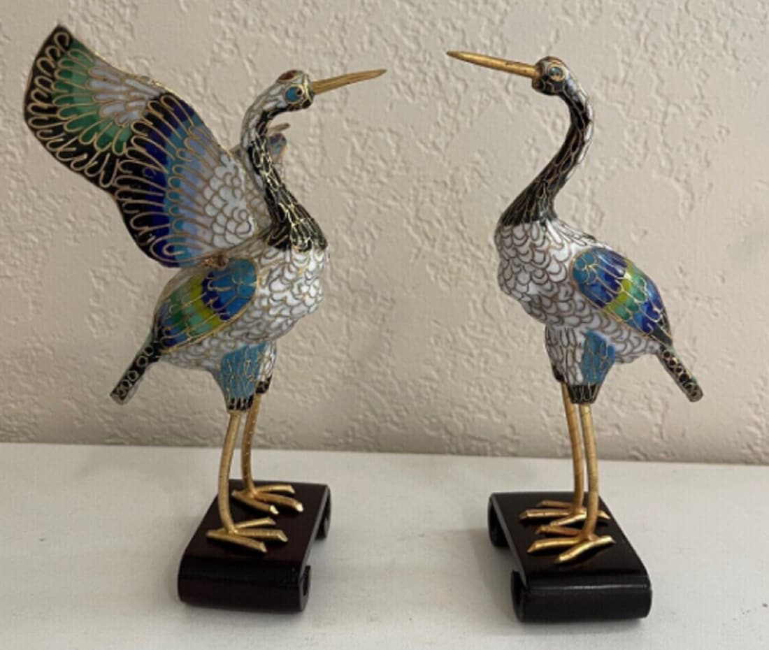 Chinese Pair of Cloisonne Crane Egret Heron Bird figurines with stand (1 of 5)