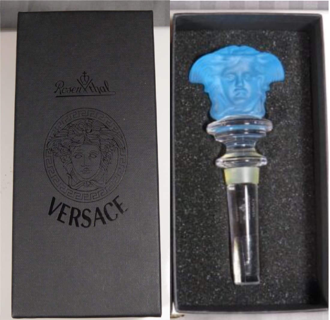 VERSACE Rosenthal "Medusa" Amethyst Crystal Designer Wine Bottle Stopper With Box: VERSACE Rosenthal "Medusa" Light Blue Crystal Designer Wine Bottle Stopper With Box