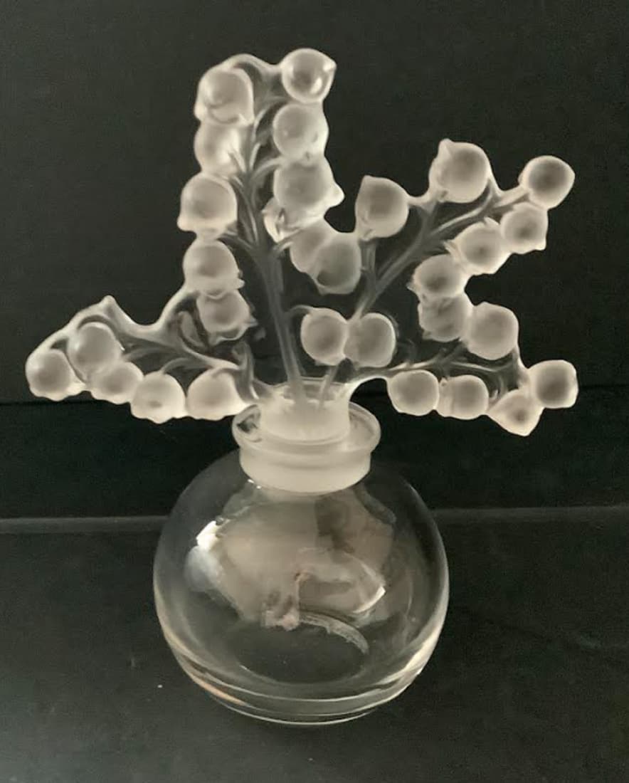 LALIQUE SIGNED CRYSTAL LILY OF THE VALLEY CLAIREFONTAINE PERFUME BOTTLE & STOPPER: LALIQUE SIGNED CRYSTAL LILY OF THE VALLEY CLAIREFONTAINE PERFUME BOTTLE & STOPPER
