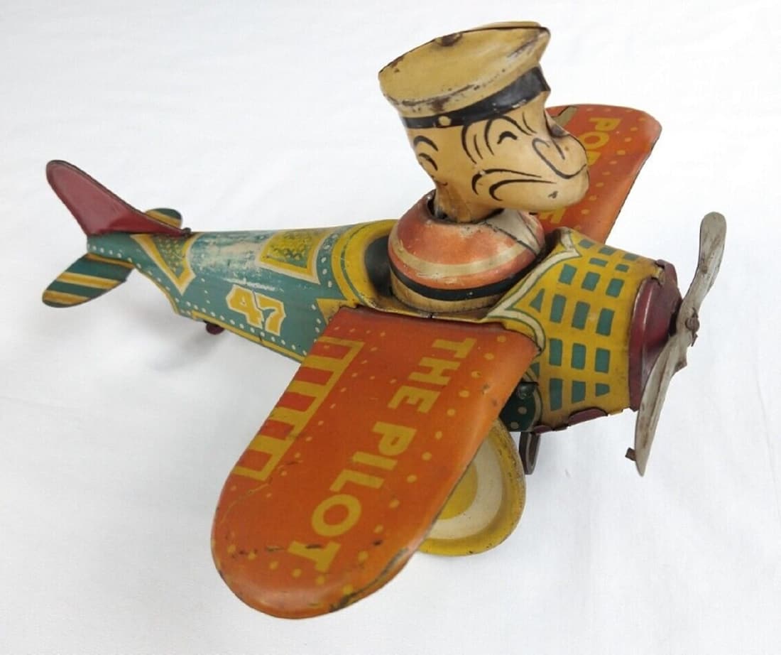 MARX POPEYE THE PILOT TIN WINDUP TOY PLANE. RARE! 1930 (1 of 10)
