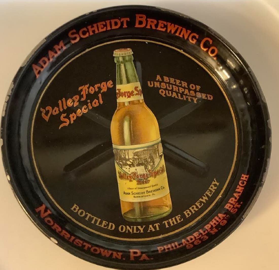 PRE PROHIBITION TIN LITHOGRAPH Adam Scheidt Brewing Co. - Valley Forge Beer  TIP TRAY (1 of 4)