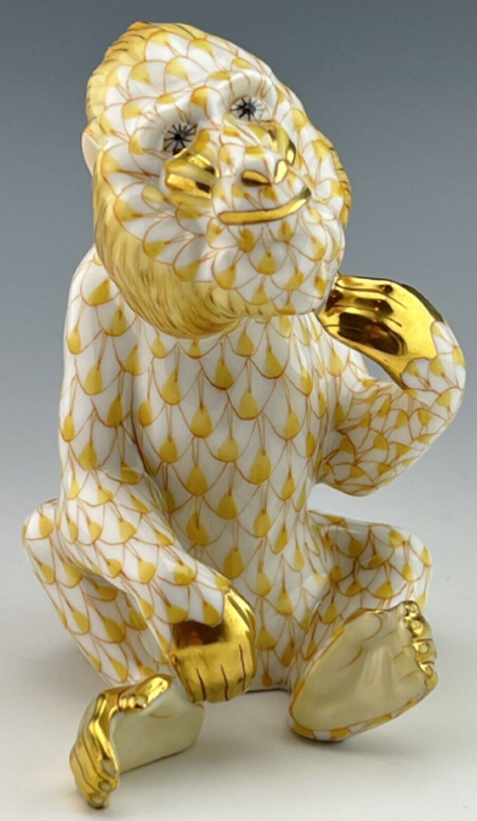 HEREND SIGNED YELLOW FISHNET Baboon Monkey, Hand Painted Porcelain Figurine. (1 of 5)