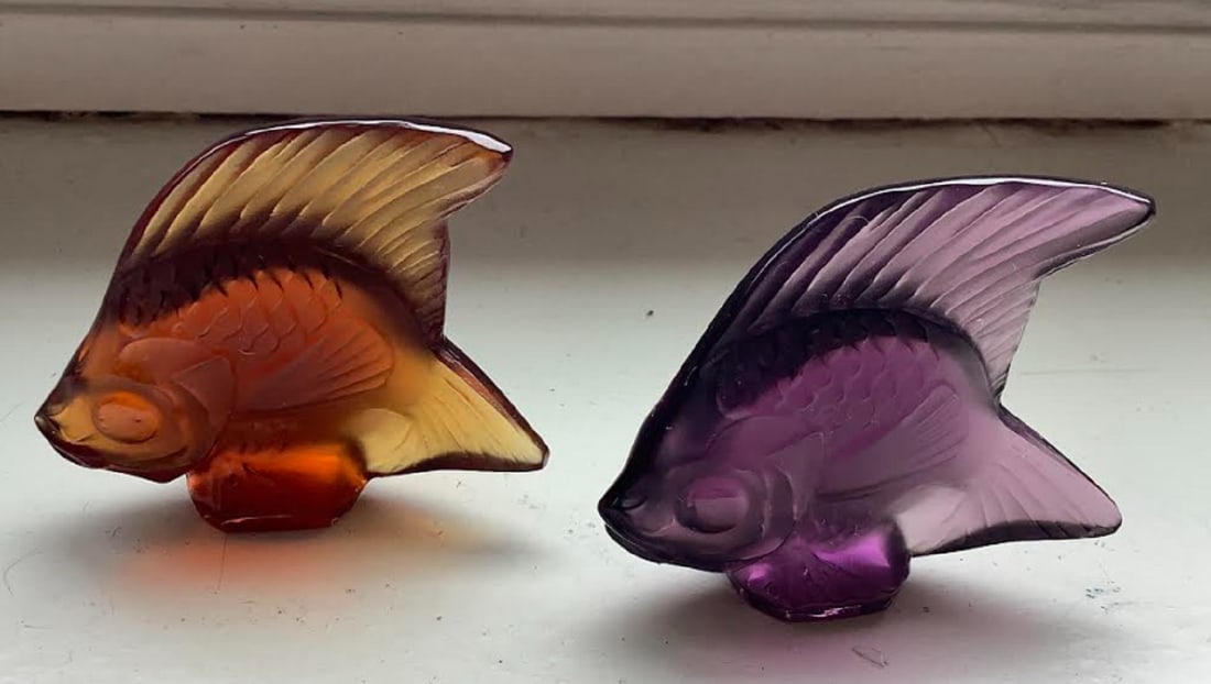 Lalique SIGNED Crystal Amethyst color and amber color shades of Fish Made in France (1 of 6)