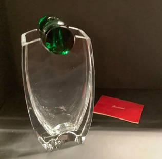 SIGNED BACCARAT  OCEANIE  TALL VASE with emerald green: BACCARAT OCEANIE VASE France Glass Crystal tall. Measures approx 7 3/4 inch 4 inches wide