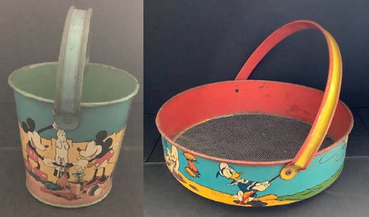 Walt Disney Ohio Art Studio Disney Litho Tin Mickey Mouse and Pluto sand pail: Ohio Art Studio Disney Litho Tin Mickey Mouse and Pluto sand pail approx 5.1/4 inch high with handle. Has the WALT DISNEY and OHIO ARTS PRINTED ON PAIL