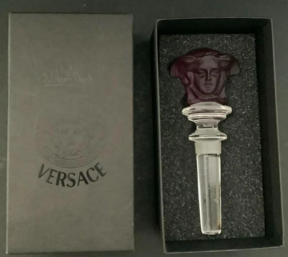 VERSACE Rosenthal "Medusa" Amethyst Crystal Designer Wine Bottle Stopper With Box: VERSACE Rosenthal "Medusa" Light Blue Crystal Designer Wine Bottle Stopper With Box
