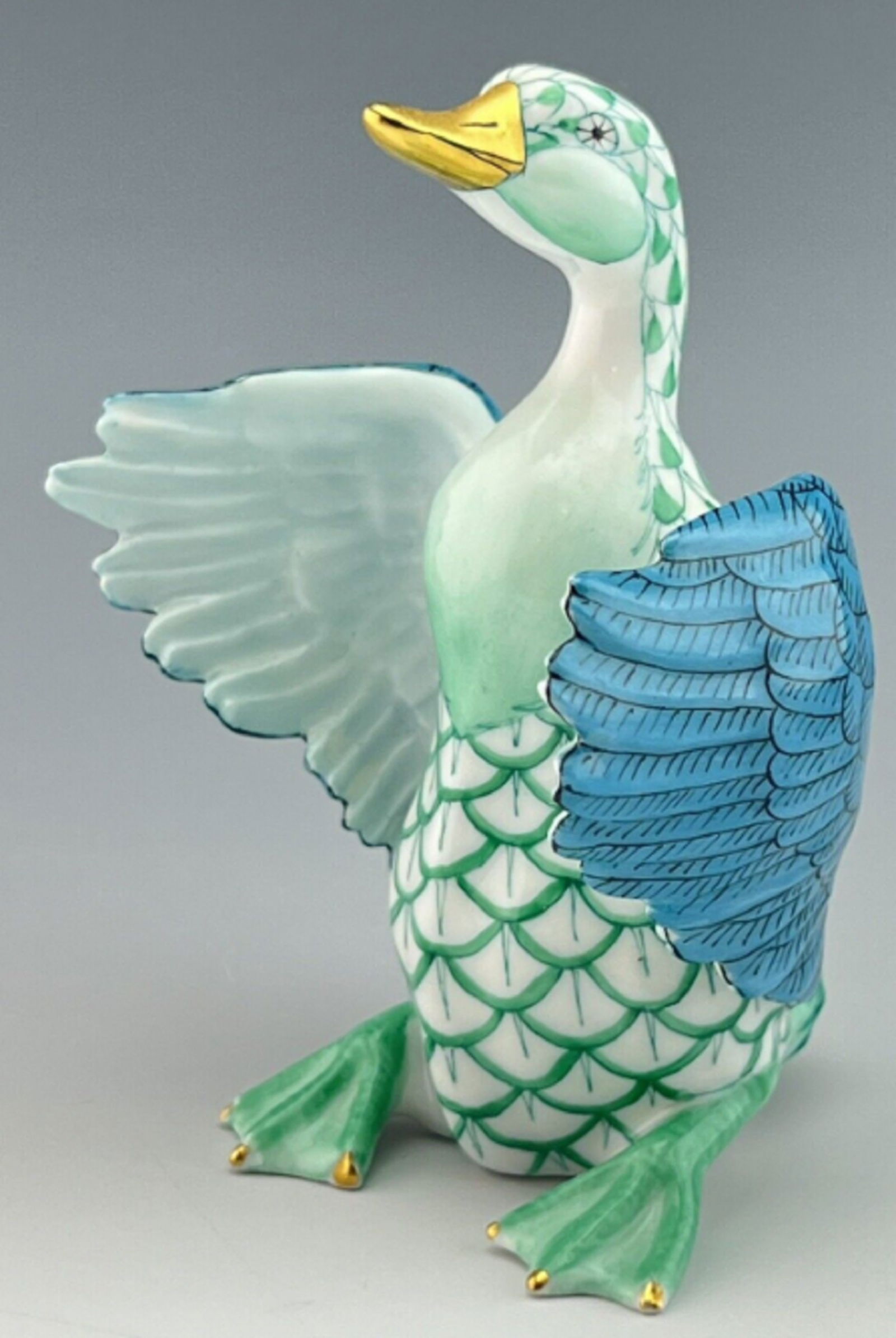 HEREND SIGNED GREEN Flapping DUCK Hand Painted Porcelain Figurine. (1 of 5)