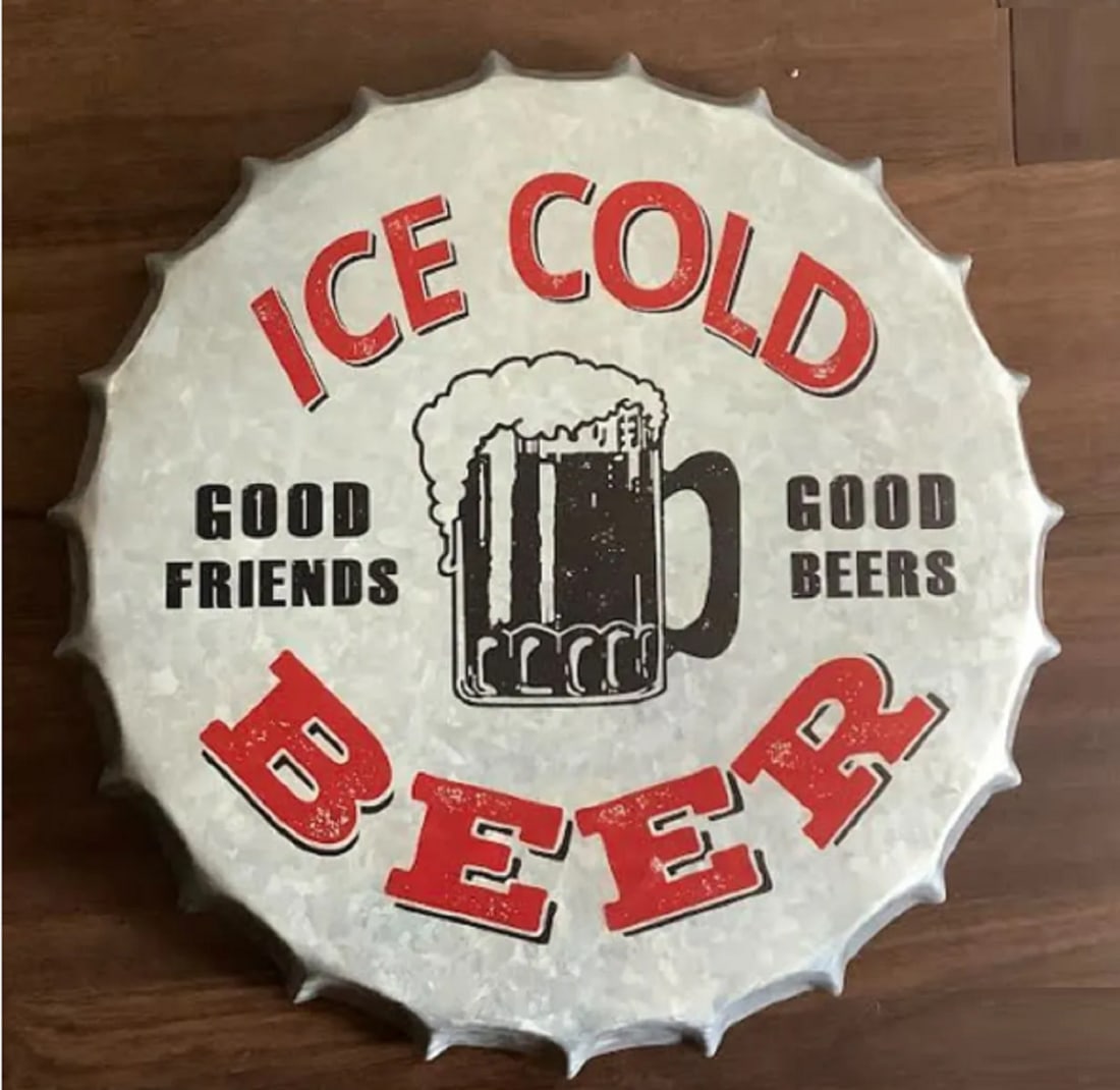 TIN LITHOGRAPH COLD BEER WALL DECOR CAP (1 of 3)