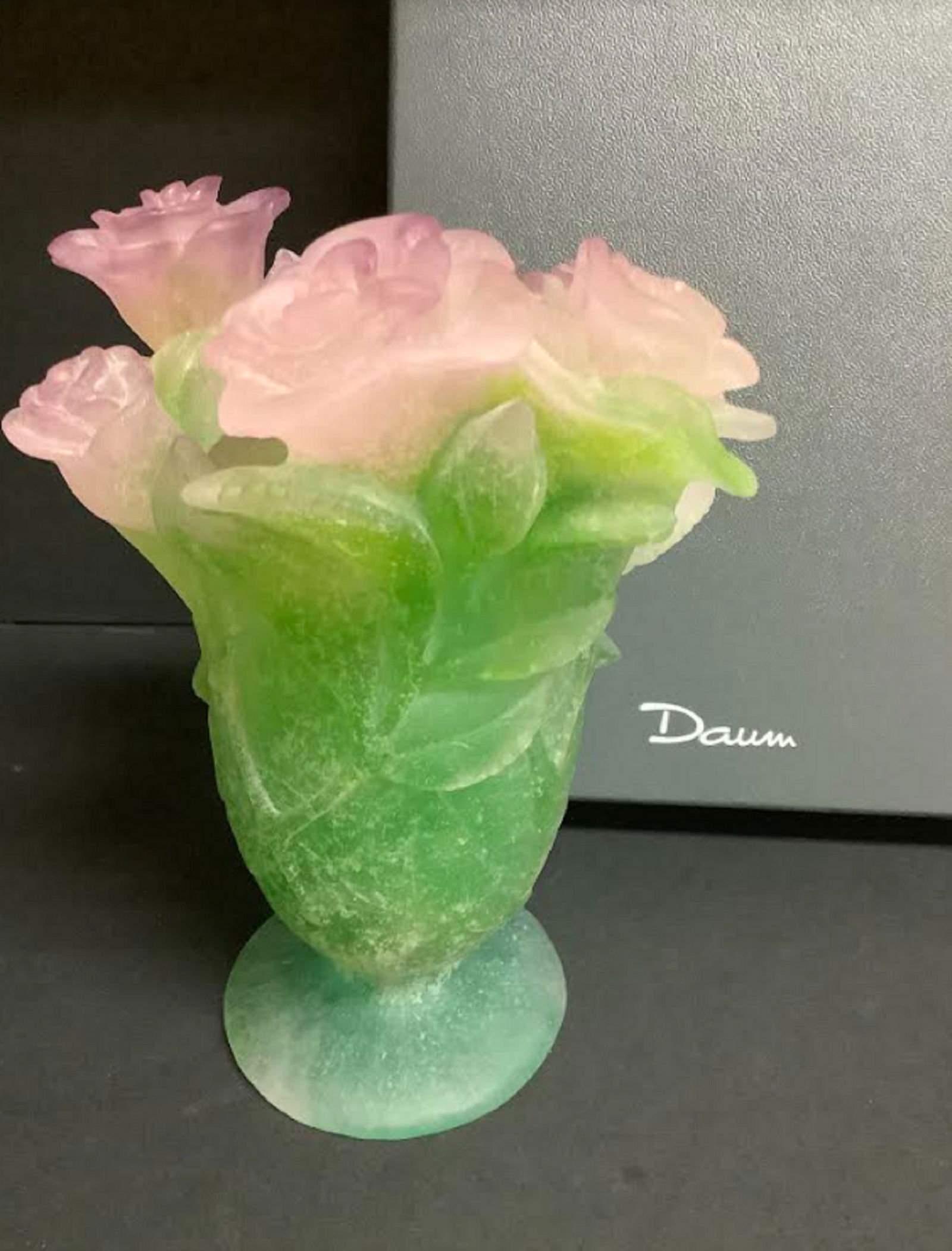 Daum Crystal Signed Green & Pink Roses Vase. Made in France (1 of 7)