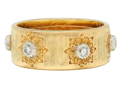 BUCCELLATI SIGNED 18K MACRI Ring Band Made in Italy: Buccellati Signed 18K MACRI Ring Band. Featuring six white gold stations atop an engraved lace motifEach centering a round brilliant cut diamondWeighing approximately 0.18 carat totalStamped with Ital