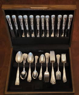 Tiffany & Co Sterling Silver WAVE EDGE Flatware SET 12 With Case: Tiffany & Co Sterling Silver WAVE EDGE Flatware SET 12 With Case. The pattern designed in 1884 by Charles T. Grosjean (1841-1888), New York, Set includes 60 pieces Flatware stamped "Tiffany & Co Sterl