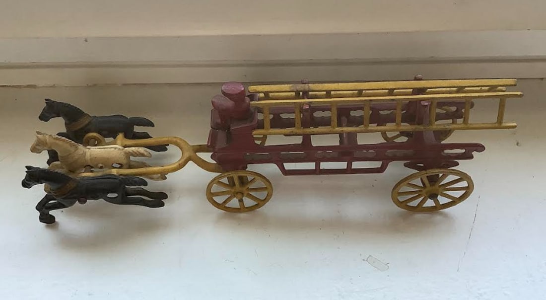 Cast Iron Horse Drawn Fire Wagon With Dirver, 2 Ladders, 3 Horses 12