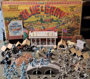 Vintage Marx Blue and Grey Playset in Original Box with paperwork 1960: This fabulous Marx toy set is in wonderful condition. Marx Blue and Grey Playset in Original Box with paperwork. This boxed set appears to be complete with original paper, manual, and 33 1/3 recording