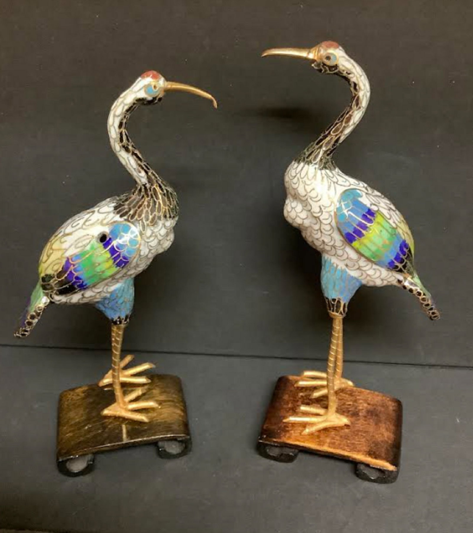 CHINESE CLOSIONNE PAIR PHEASANT BIRD FIGURINES: CHINESE CLOSIONNE PAIR PHEASANT BIRD FIGURINES Measures 5-6” tall. Some gold scratched off on one the bird beaks.