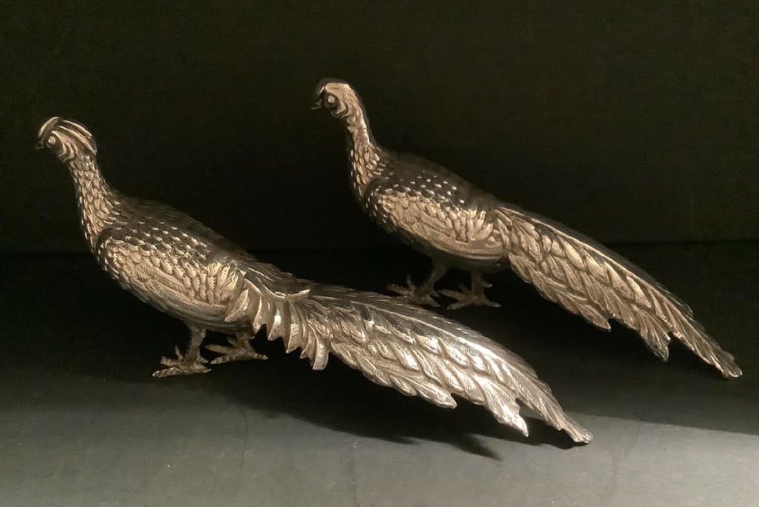 STERLING SILVER SPANISH PHEASANTS COCK AND HEN: STERLING SILVER SPANISH PHEASANTS COCK AND HEN measures approx 17 and 14.5 cms.