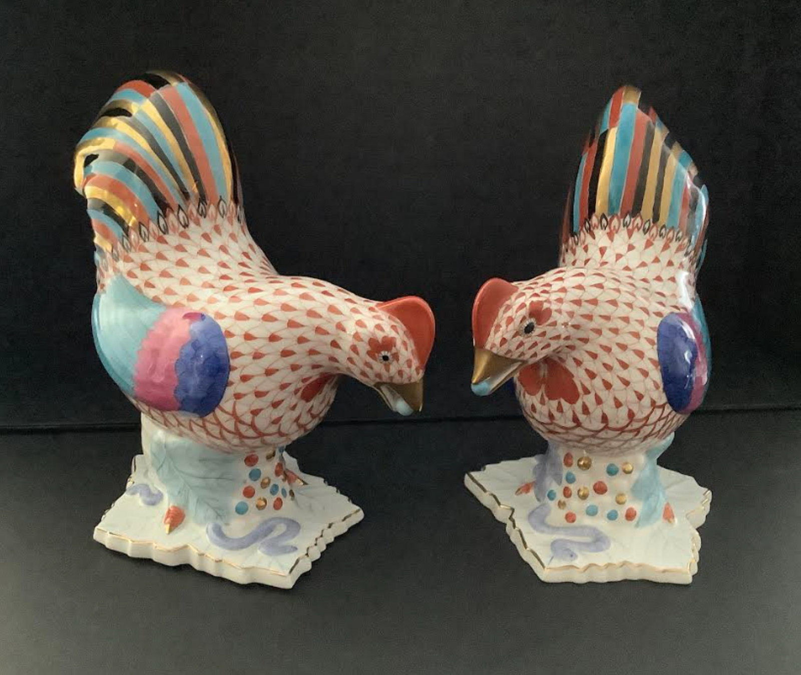 Herend Signed EXTRA LARGE  Porcelain RUST Fishnet Rooster / HEN (1 of 10)