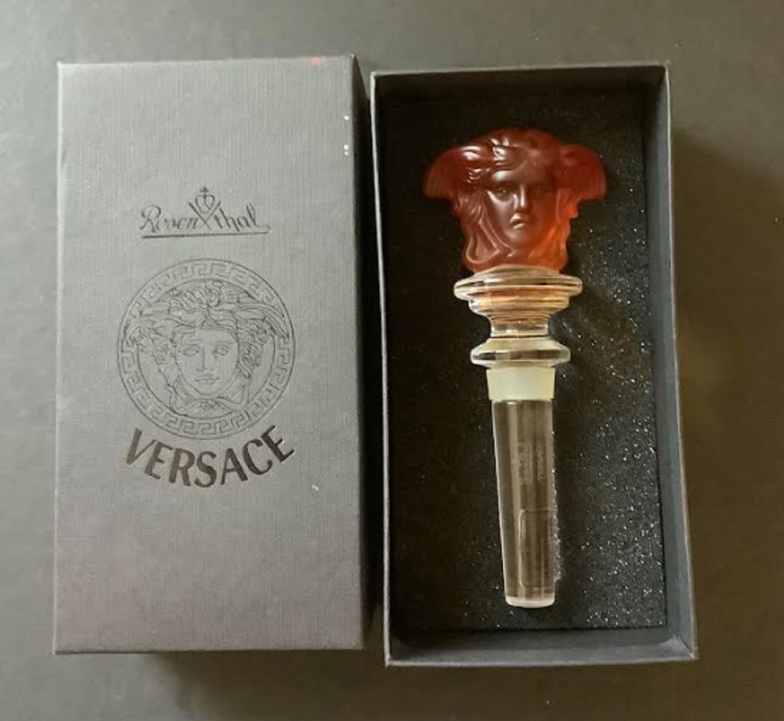 VERSACE Rosenthal "Medusa" ABER ORANGE Crystal Designer Wine Bottle Stopper With Box: VERSACE Rosenthal "Medusa" AMBER ORANGE Crystal Designer Wine Bottle Stopper With Box
