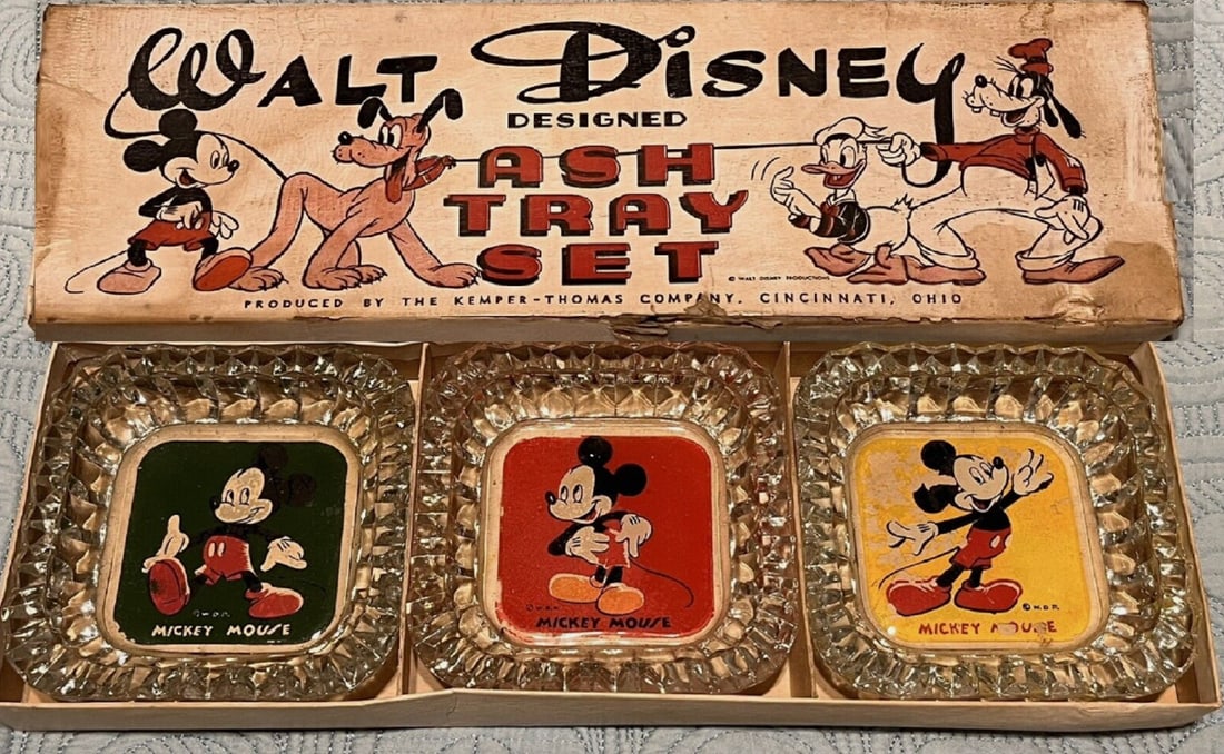 WALT DISNEY MICKEY MOUSE ASHTRAY SET OF 3 WITH ORIG. BOX 1960s some paint loss on backs of (1 of 7)