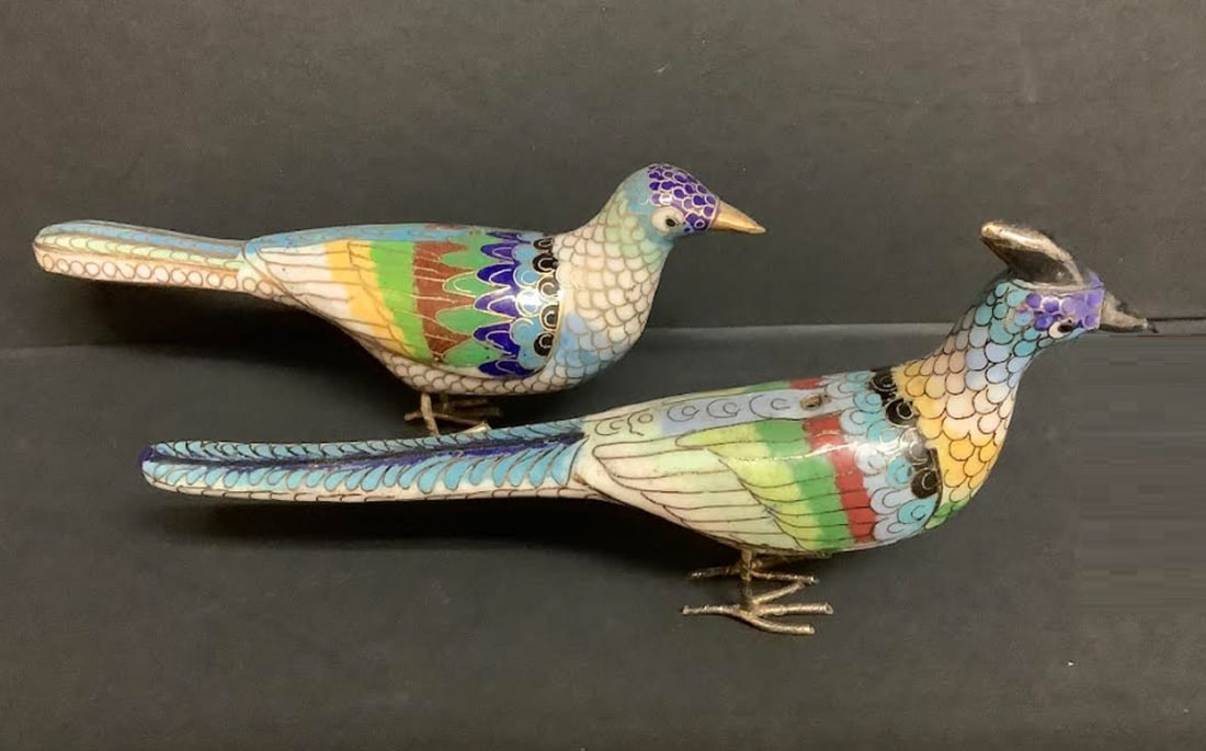 CHINESE CLOSIONNE PAIR PHEASANT BIRD FIGURINES. Enamel & Bronze Pair of Birds Male and Female (1 of 7)