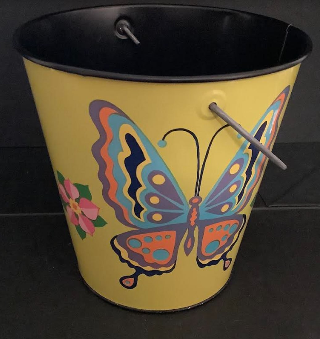 J Chein. Tin Litho butterfly sand pail. Measures 5 3/4 inches high and  inches wide (1 of 4)