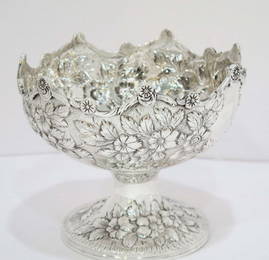 Coin Silver Bowl By S. Kirk & Son  Antique Floral Repousse Footed Serving Bowl