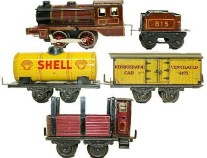 TIN LITHO Wind up 0-GAUGE FREIGHT TRAIN SET BY KARL BUB: KARL BUB Train PREWAR #815 Wind up freight train set Guage O