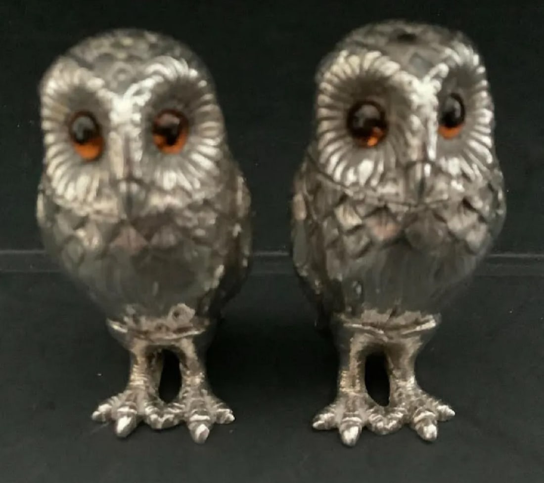 sterling silver owl cruet set Richard Comyns, London 1967: sterling silver owl cruet set Richard Comyns, London 1967