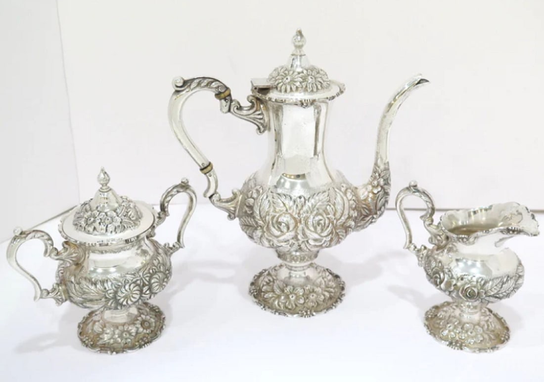STEIFF STERLING SILVER ANTIQUE FLORAL REPOUSSE TEA / COFFEE SERVICE 3PC. (1 of 5)