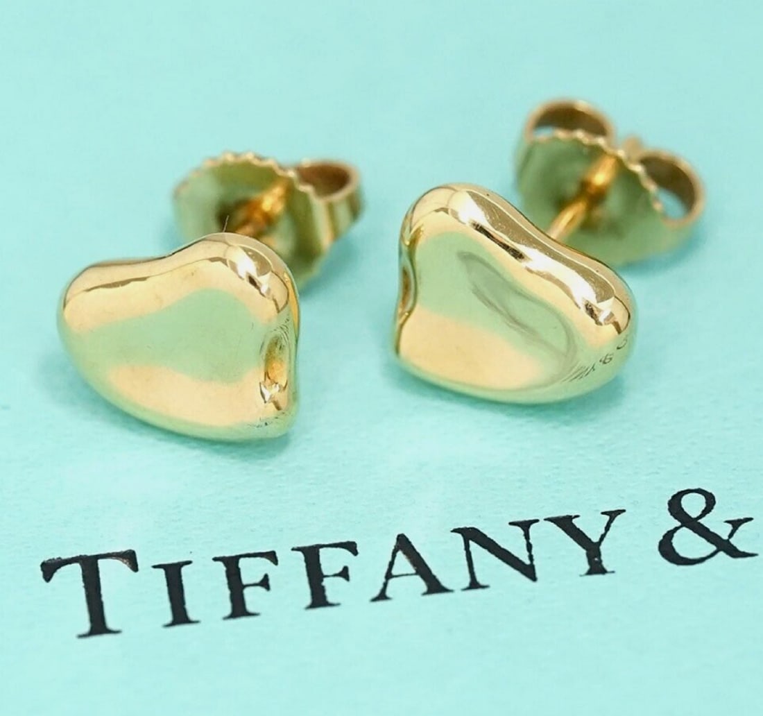 Tiffany & Co. Elsa Peretti 18k Yellow Gold Heart Stud Earrings With Box (1 of 5)