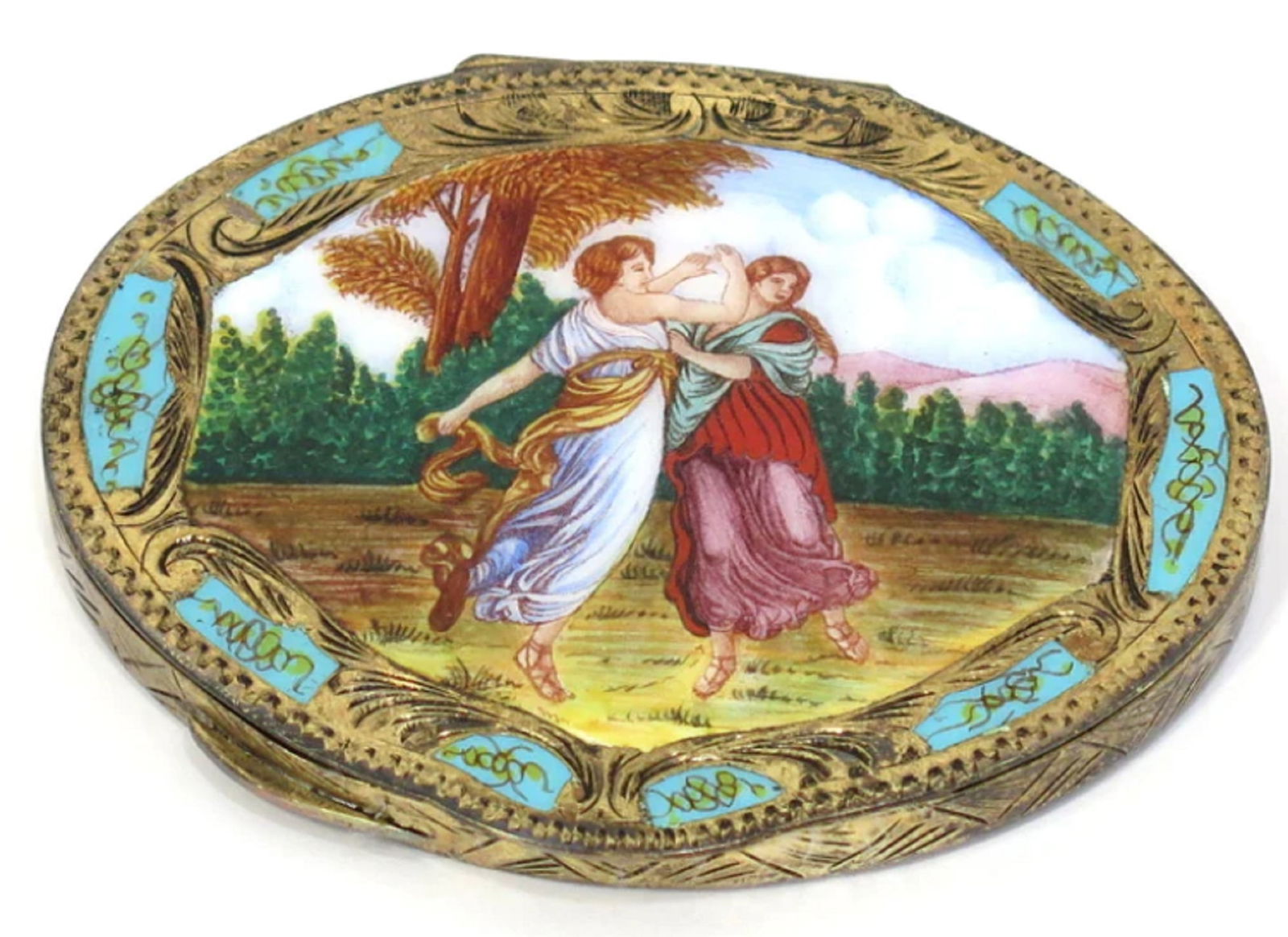 EUROPEAN SILVER GILT ENAMEL ANTIQUE CONTINENTAL TWO DANCING WOMEN COMPACT (1 of 8)