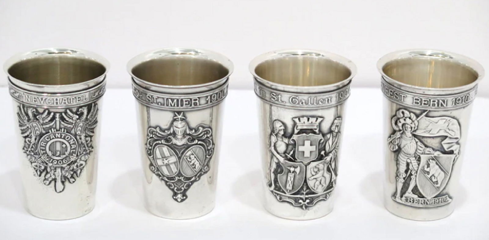 SCHUTZENFEST EUROPEAN SILVER ANTIQUE SWISS  LIQUOR SHOT CUPS SET OF 4 (1 of 10)